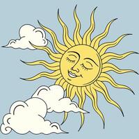 Smiling sun with clouds yellow white vector