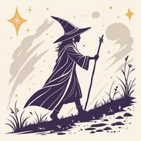 Purple witch walking with staff under stars wizard vector