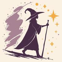 Silhouette witch with staff and stars cloak vector