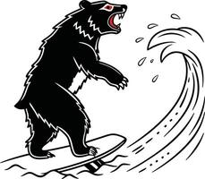 Black bear surfing big wave water ocean vector