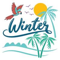 Tropical parrot palm trees sun and waves macaw flying vector