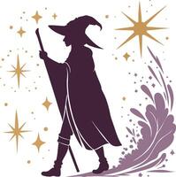 Witch with staff and magical stars wizard vector