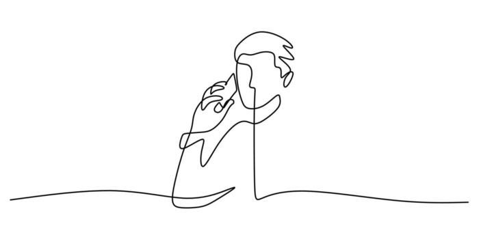 One line drawing of a person using a smartphone symbolizing conversation, perfect for a messaging app icon or a customer support page. vector