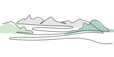 Continuous one line drawing of a forest with mountain peaks. Representation of nature and exploration. vector