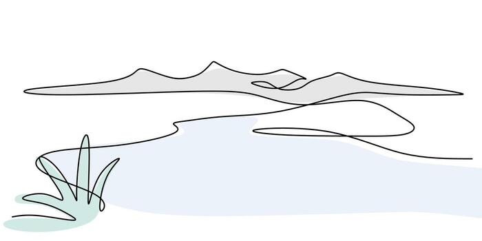 Serene mountain with a lake in continuous one line drawing. Concept of wilderness and untouched nature. vector