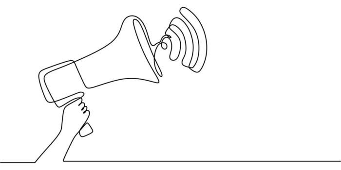 A simple communication symbol, this continuous line drawing of hands with a megaphone is great for a protest poster or media icon. vector