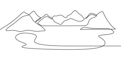 Continuous one line drawing of a mountain and lake. Represents outdoor adventure and peaceful scenery. vector