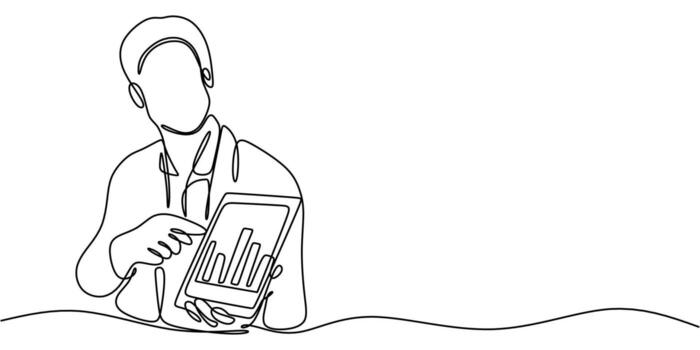 One line drawing of a person pointing at a tablet graph representing data analysis, ideal for a financial report or a marketing slide. vector