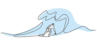Continuous one line drawing of a surfer catching a wave. Symbol of sea adventure and summer activity. vector
