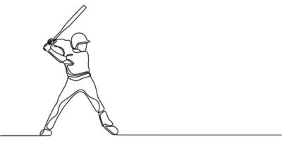 Baseball player swinging a bat in continuous one line drawing. Represents focus and strength in sports. vector