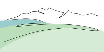 Continuous one line drawing of a lush forest at the base of mountains. Exploration and nature concept. vector