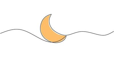 Continuous line drawing of a crescent moon symbolizing dreams and nighttime, ideal for a sleep app icon or modern nursery decor. vector