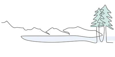 Mountain with lake in continuous one line drawing. Minimalist landscape for tranquility and adventure. vector