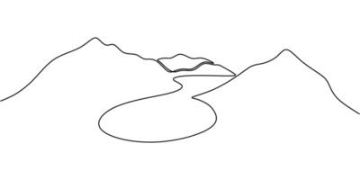 Scenic mountain with a lake in continuous one line drawing. Wilderness, relaxation, and beauty concept. vector
