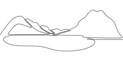 Minimalist one line drawing of a mountain and lake. Representation of hiking and scenic landscapes. vector