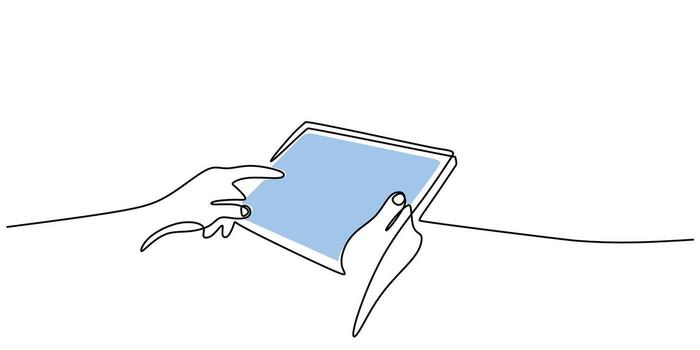A simple analytics icon, this one line drawing of a hand with a tablet is perfect for a marketing report or a data science blog. vector