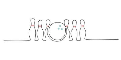Bowling ball striking pins in a continuous one line drawing. Minimalist art for sports and competition. vector