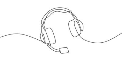 Continuous line drawing of a headset symbolizing customer support, ideal for a call center logo or a virtual meeting icon. vector
