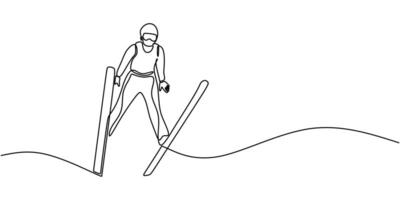 Continuous one line drawing of a ski jumper in mid-air. Olympic winter sports and adventure concept. vector