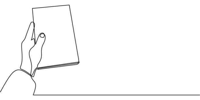 Continuous line drawing of a hand holding a book representing knowledge, ideal for a school's logo or a library's branding. vector