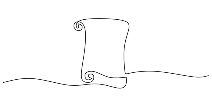 Continuous line drawing of a simple scroll representing historical documents, perfect for a legal firm logo or a library banner. vector