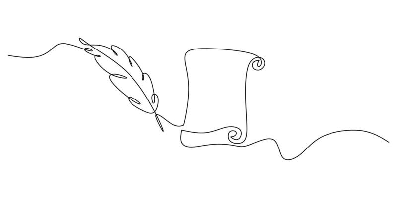 Continuous line drawing of a quill and ink representing tradition, perfect for a university's branding or a calligraphy workshop.