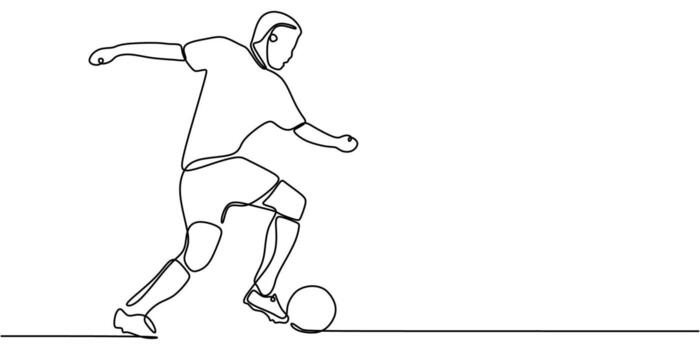 Soccer player kicking a ball in a continuous one line drawing. Dynamic football action and competition. vector