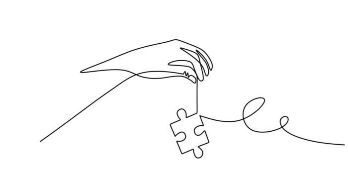 uno línea dibujo de un mano con un rompecabezas pedazo representando unidad, ideal para un equipo colaboración gráfico o un empresa fusión anuncio. vector