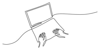 Continuous line drawing of a person with a laptop representing remote business, perfect for a co-working space logo or an online course. vector