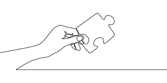 un sencillo unidad icono, esta uno línea dibujo de un mano participación un rompecabezas pedazo es genial para un colaboración herramienta o un comunidad proyecto. vector