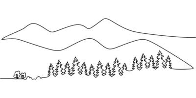 Minimalist one line drawing of a mountainous forest. Symbol of camping, trekking, and conservation. vector