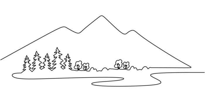 Continuous one line drawing of a forest at the base of mountains. Adventure and serenity concept. vector