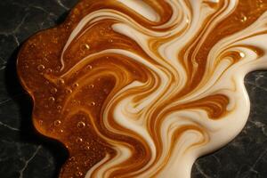 Viscous golden honey and creamy white milk swirling abstractly on a dark marble surface. photo