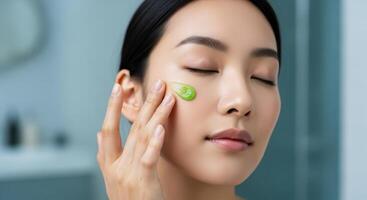 Young asian woman applying green facial serum to her cheek for skincare photo