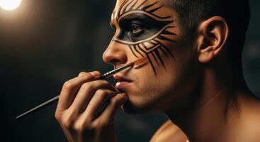 Close up profile of a man getting elaborate tribal face paint applied with a brush photo