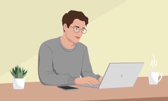 Young man working on laptop at home illustration in flat style. vector