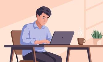 Man working with laptop at home illustration in cartoon style. vector