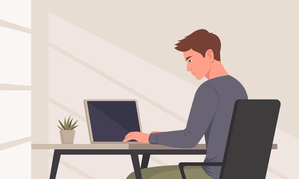 Man working on laptop computer at home office illustration in flat style vector