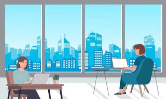 Business people working at the office. Man and woman sitting at the desk and working on laptop illustration. vector
