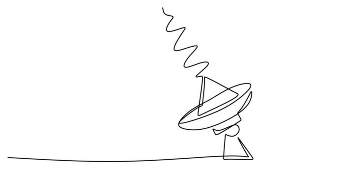 Continuous line drawing of a satellite dish symbolizing connectivity, ideal for a technology blog graphic or a data service logo. vector