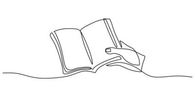 One line drawing of a hand holding a book representing education, ideal for a university's emblem or a library's website icon. vector