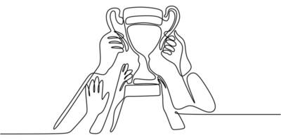 A simple victory icon, this one line drawing of a trophy and hands is great for a success-themed presentation or a team graphic. vector