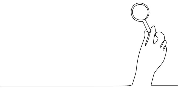 A simple investigation icon, this one line drawing of a hand with a magnifier is great for a detective blog or a quality control logo. vector