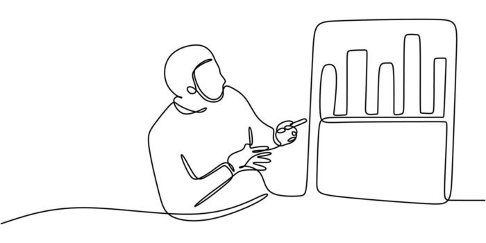 continuo línea dibujo de un persona presentación un gráfico simbolizando negocio estrategia, ideal para un márketing reporte o un ventas paso. vector