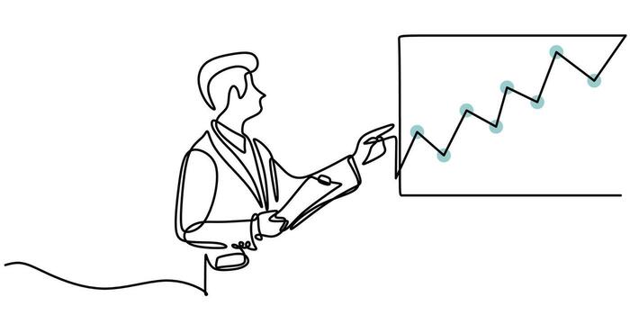uno línea dibujo de un persona dando un presentación representando datos análisis, ideal para un negocio reunión o un colegio proyecto. vector