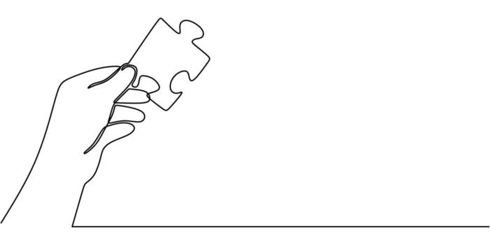 Continuous line drawing of a puzzle piece in hand symbolizing solutions, ideal for a consulting firm or a team-building graphic. vector
