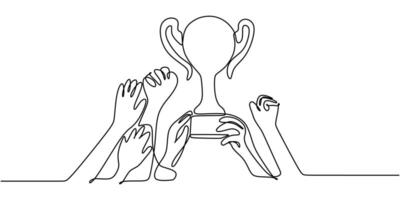 Continuous line drawing of a trophy held by hands symbolizing teamwork, ideal for a corporate award or a sports team logo. vector