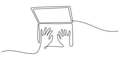 One line drawing of a person holding a laptop symbolizing digital work, ideal for a tech startup or a freelance portfolio. vector