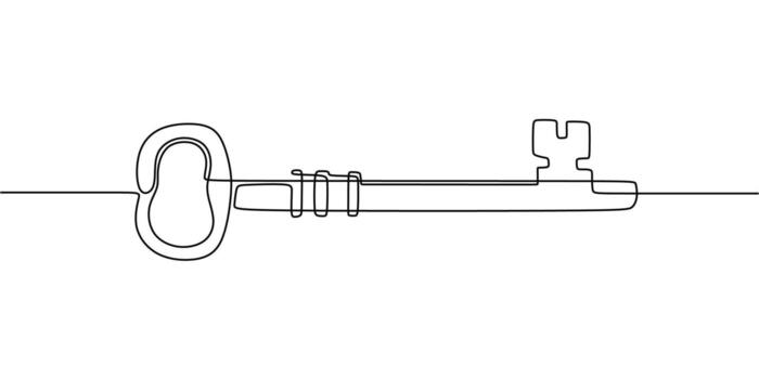 Minimalist key icon, a continuous line drawing representing access, perfect for a security company logo or a website icon. vector