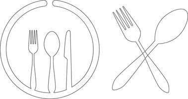 Dining Utensil Icon Pair . Plate with Fork, Knife, Spoon Arrangement and Crossed Cutlery Silhouettes in Minimalist Black on White Background vector